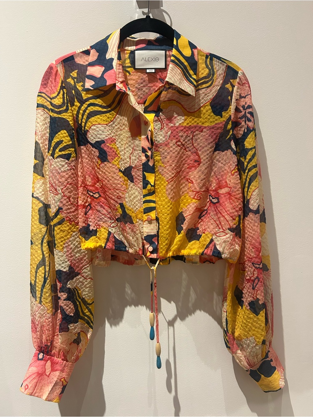 Alexis Cropped Button-Up Floral Top in Yellow, Pink & Navy